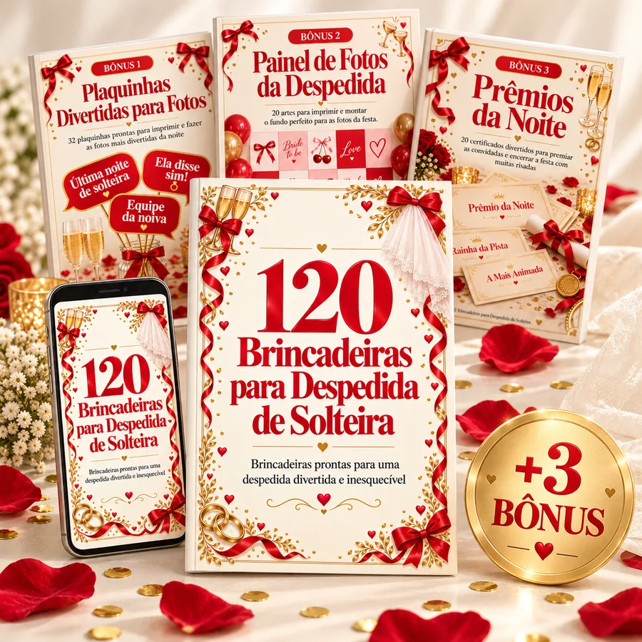 Mockup das 120 Brincadeiras para Despedida de Solteira com três bônus exclusivos